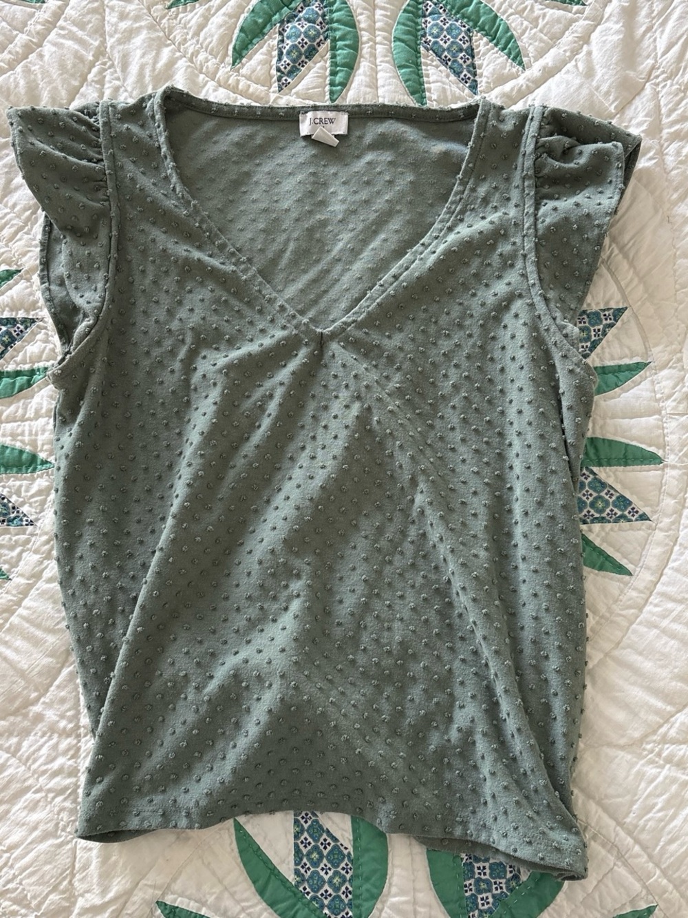 J. Crew Sage Green Swiss Dot V-Neck Tank with Flutter Cap Sleeves